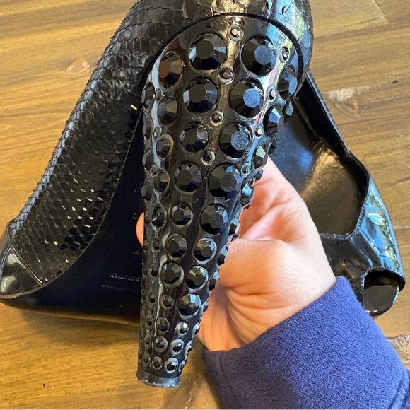 Miu Miu Black Patent Peep Toe Jeweled Heels Python Snake Skin Rhinestones 37 - Picture 4 of 14